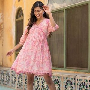 Floral Printed V-Neck Embroidered Detailed‎ Pure Cotton A-Line Dress